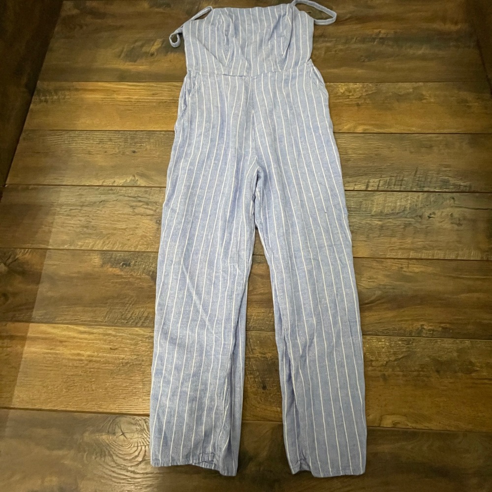 Old Navy Blue White Striped Linen Blend Wide Leg Jumpsuit Womens M Tall Coastal